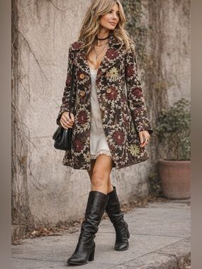 Vintage Y2K Floral Embroidered Double-Breasted Coat Paisley Brown Burgundy Boho